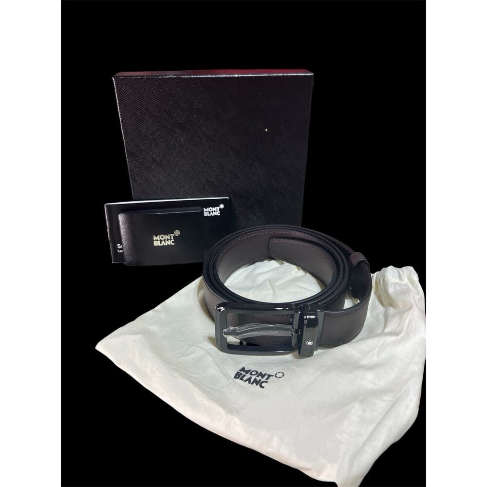 Montblanc Square stainless steel pin buckle leather belt New In Box 40- 44 In